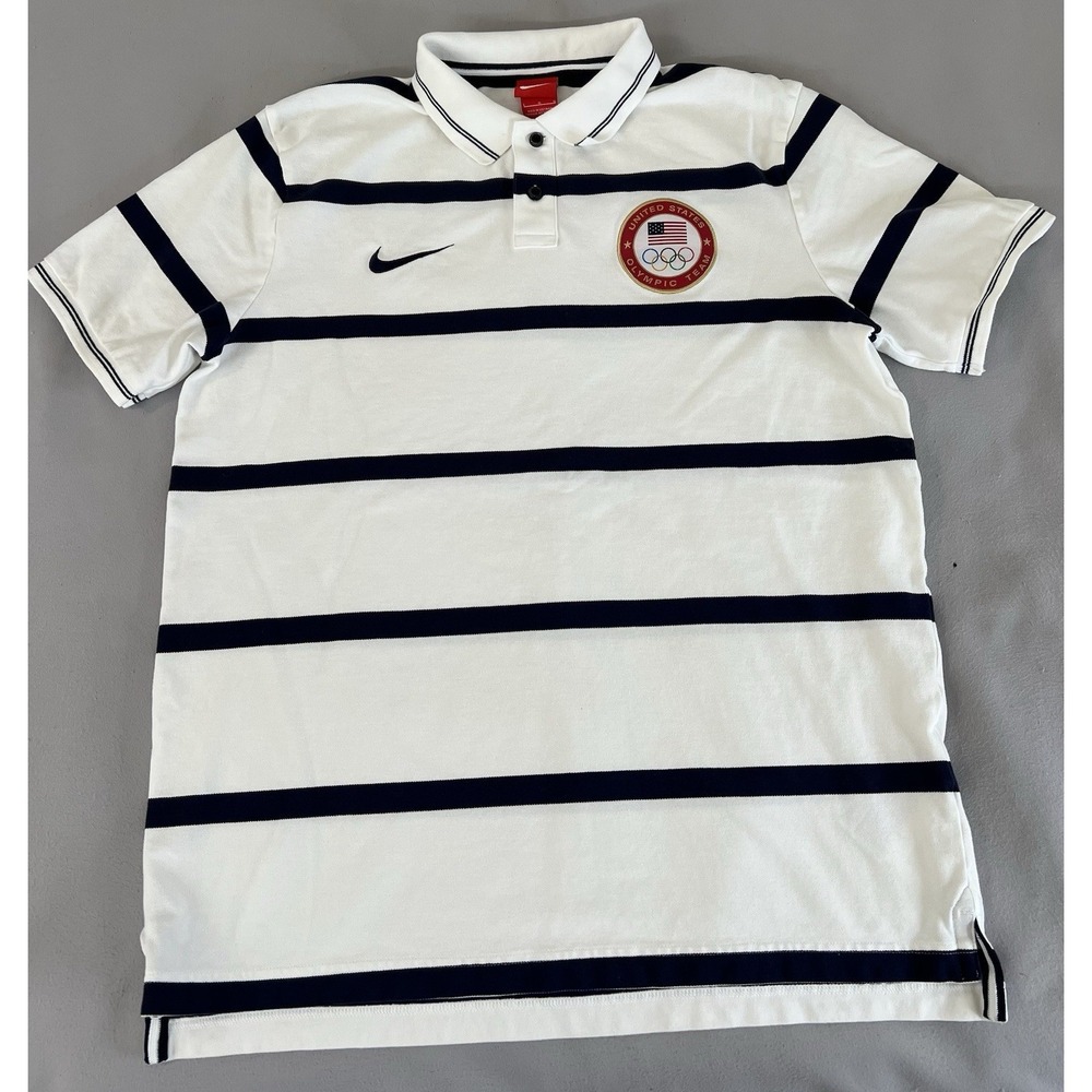 NIKE USA OLYMPIC TEAM POLO GOLF SHIRT WHITE W/ BLUE STRIPES MEN'S LARGE EUC RARE